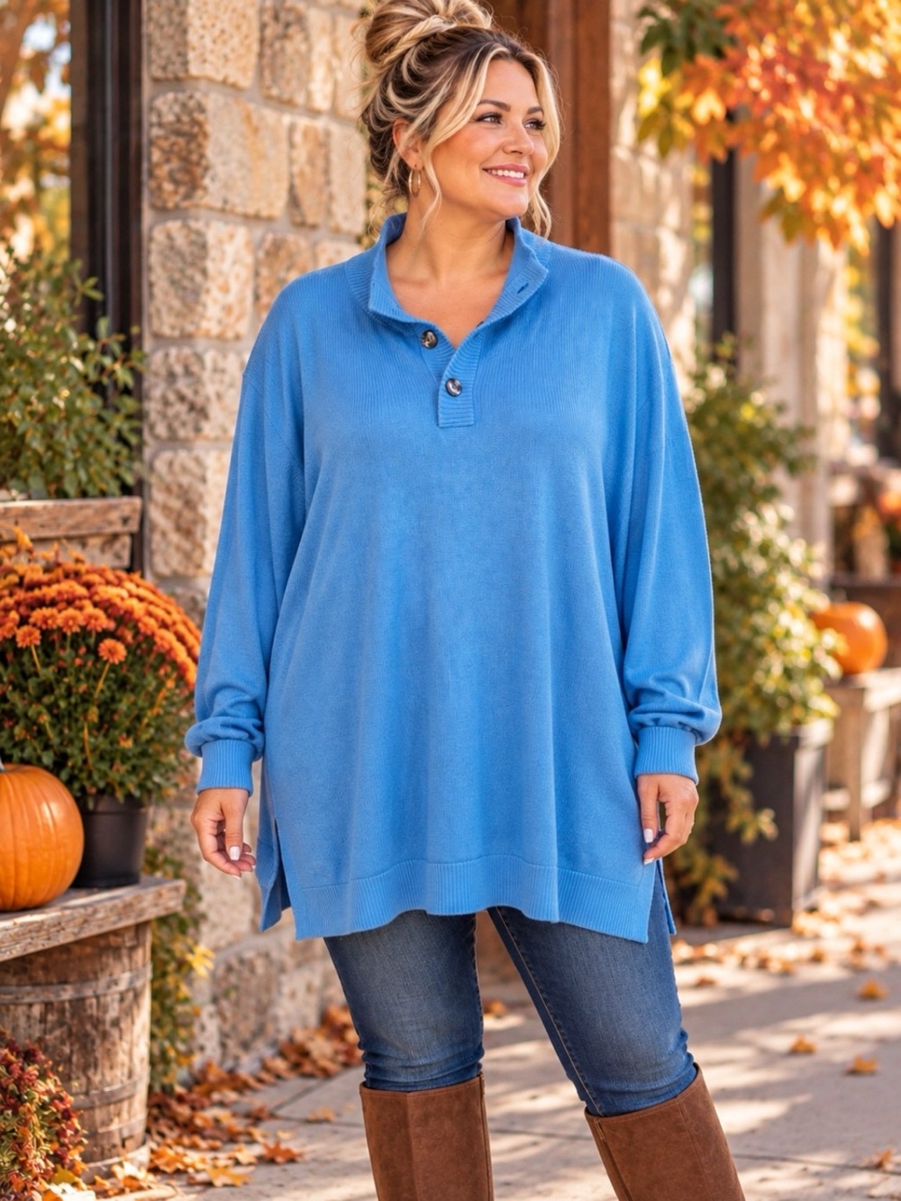 Lands’ End 3X Blue Oversized Tunic Sweater Cotton Blend Button Collar